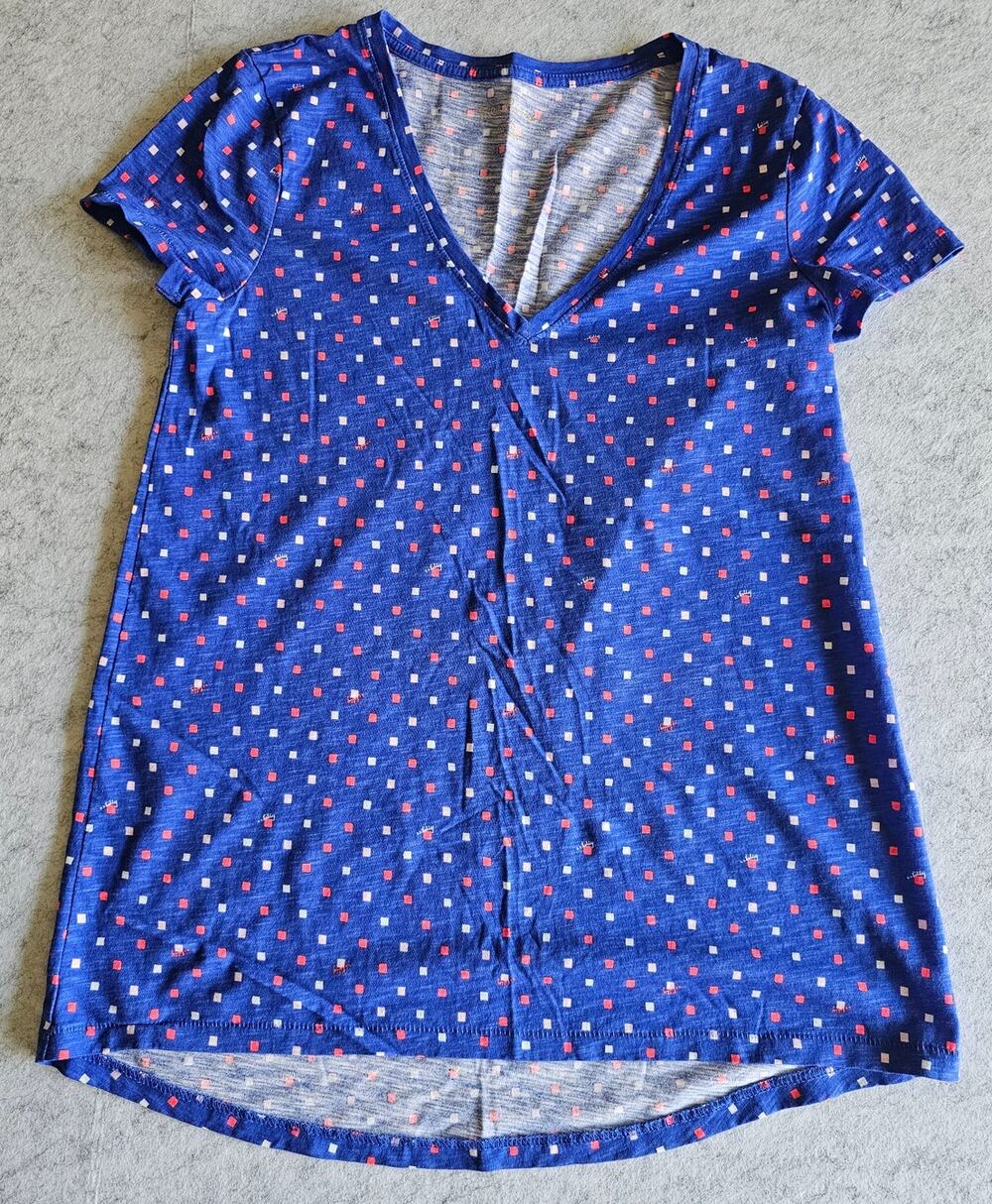 Lilly Pulitzer Etta V-Neck Top Pima Cotton Lilly Squared Blue Red White Sz XXS
